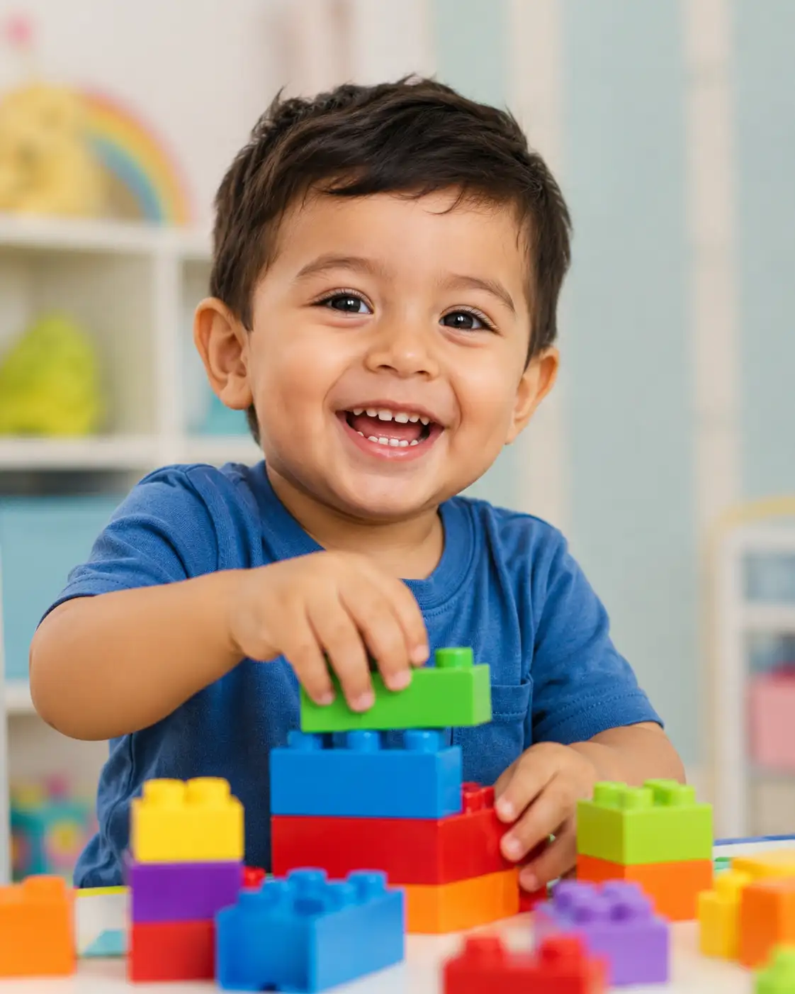 A high quality AI generated image of #0104 Toddler playing with colorful building blocks