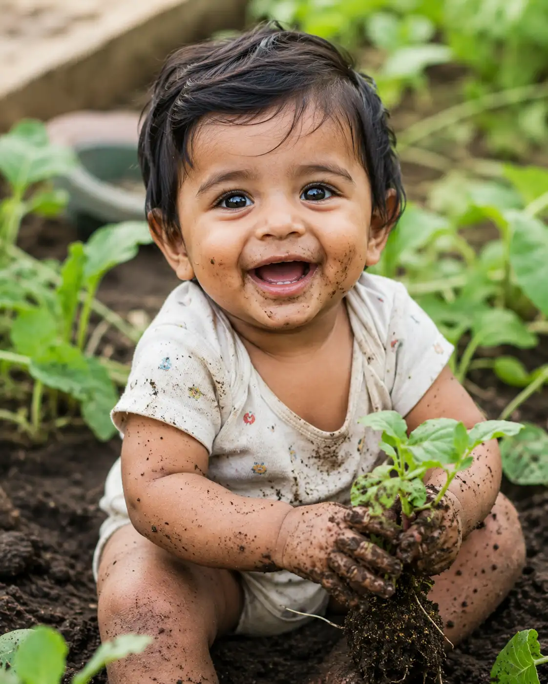 #0105 Toddler playing in the ground with plant and mud