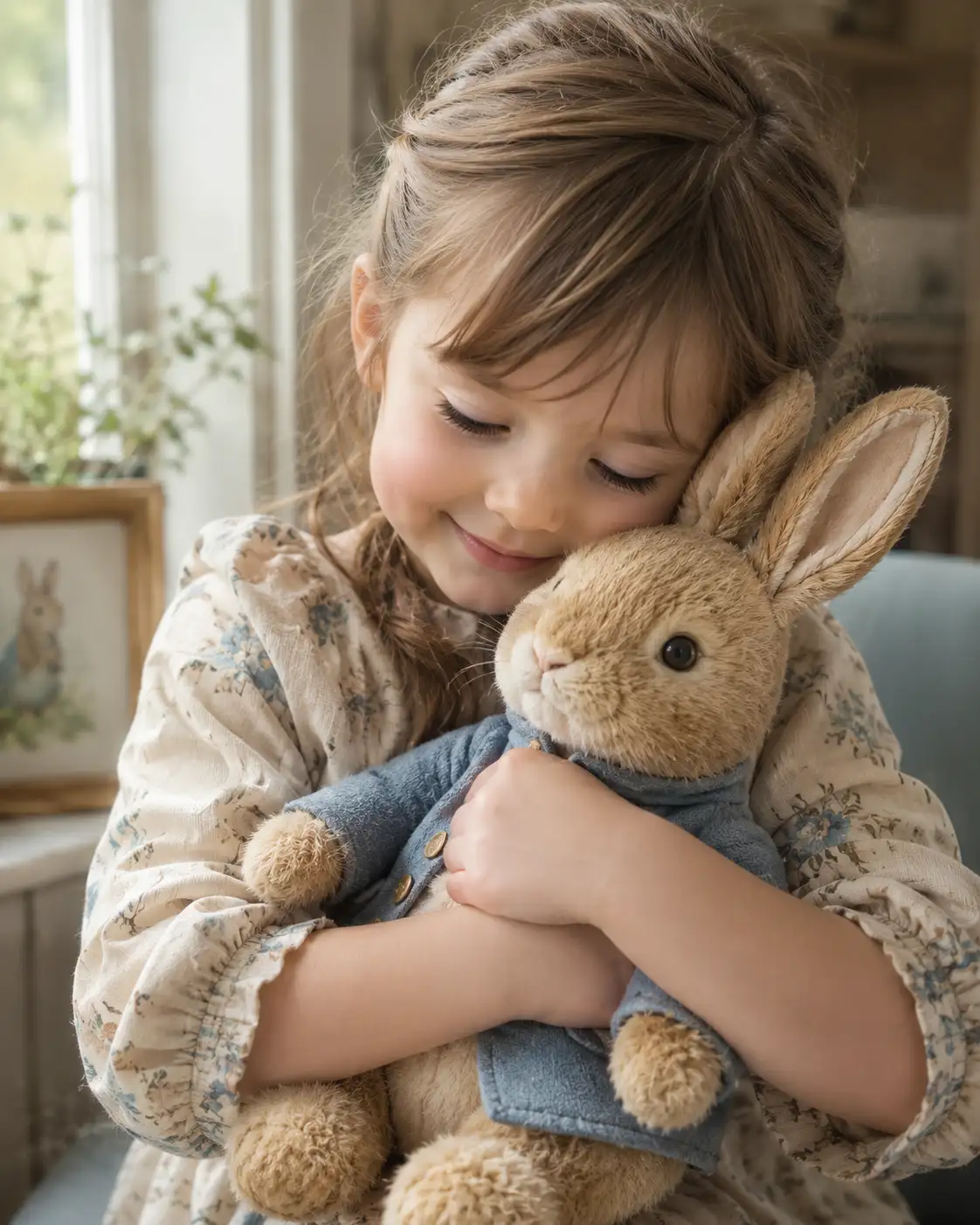 A high quality AI generated image of #0109 Child is holding the stuffed bunny