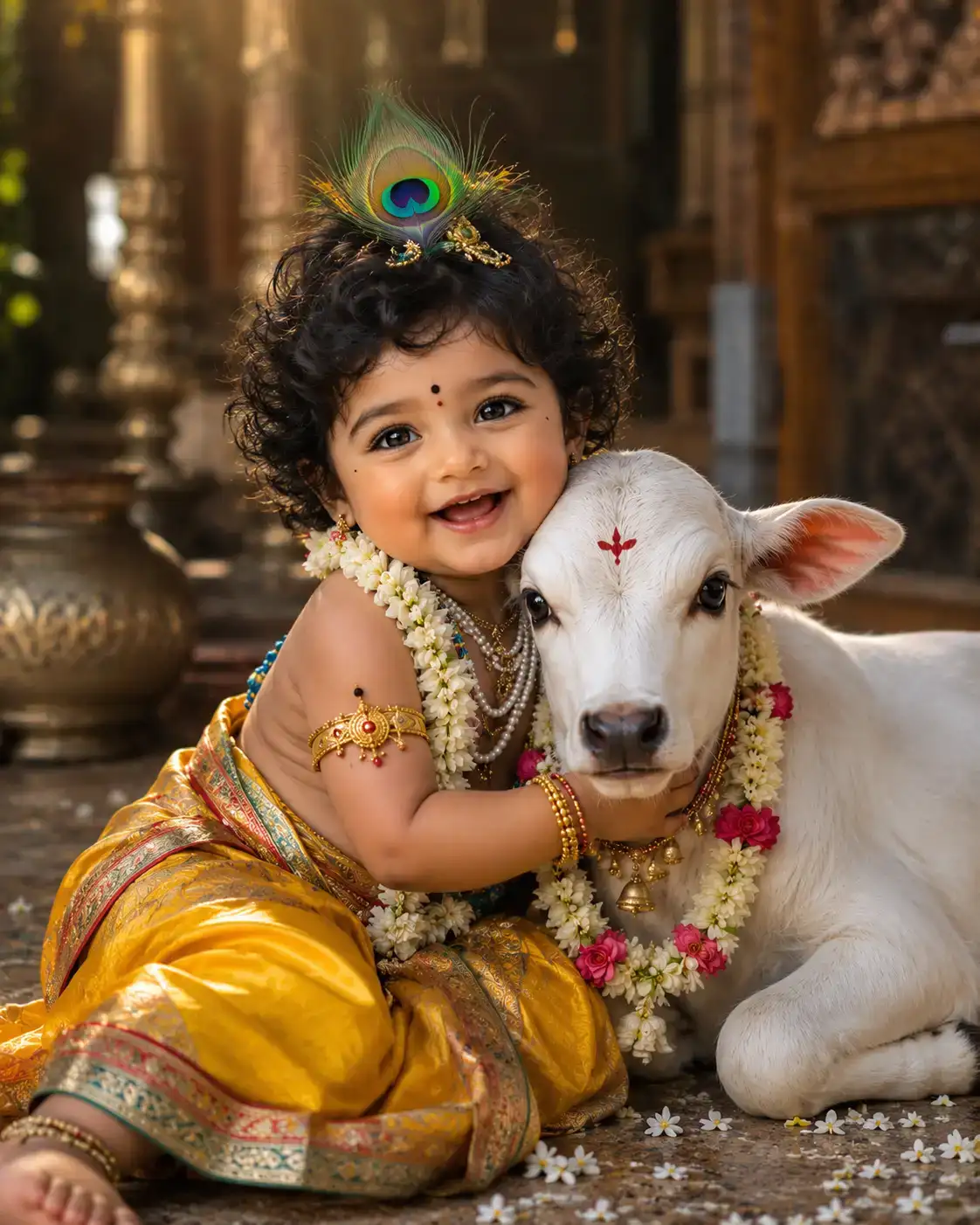 #0136 Beautiful Baby Krishna Hugging Sacred Calf | Hindu Spiritual Artwork
