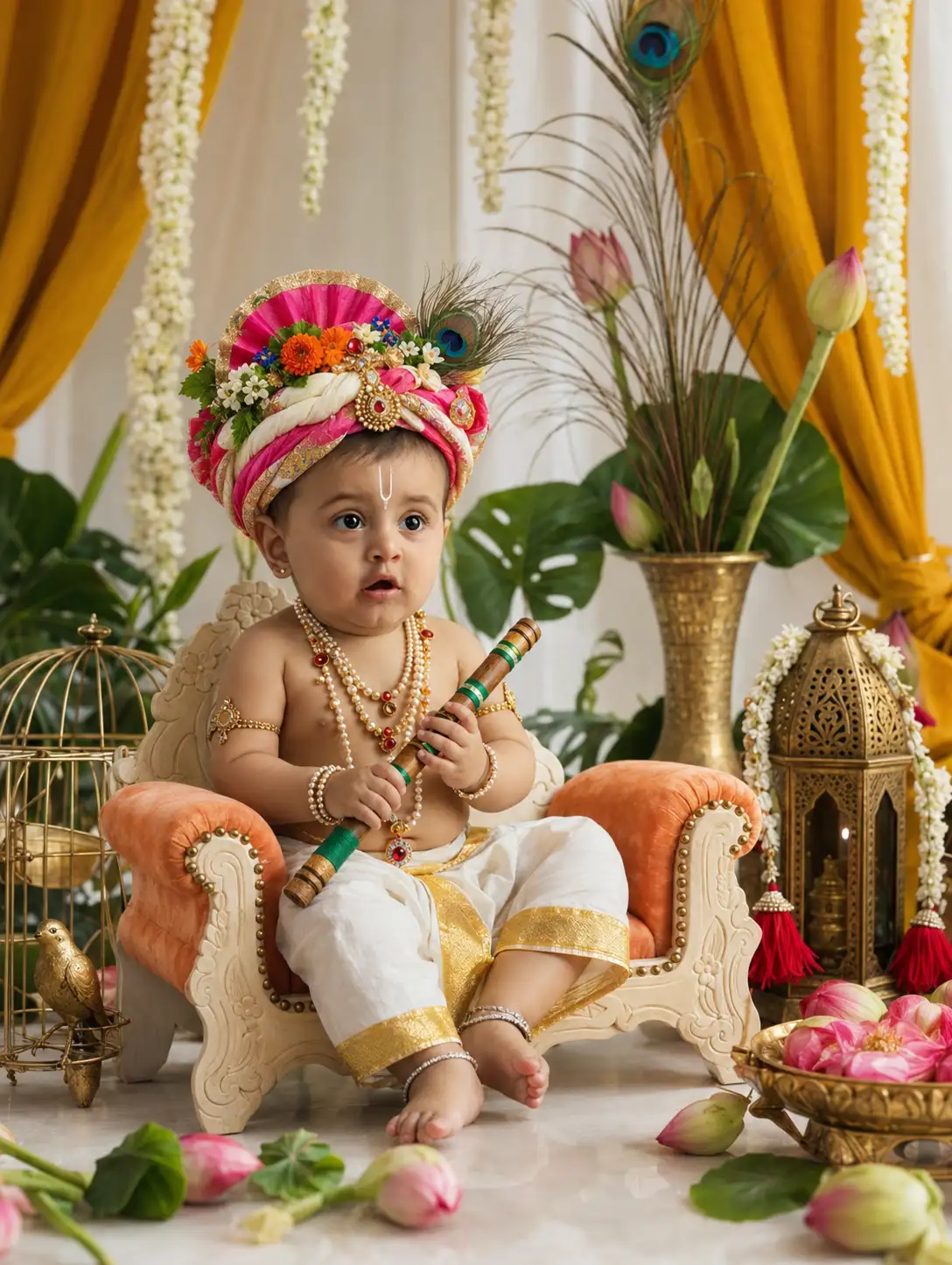 #0143 Elegant Janmashtami Baby Krishna Photography with Floral and Peacock Theme