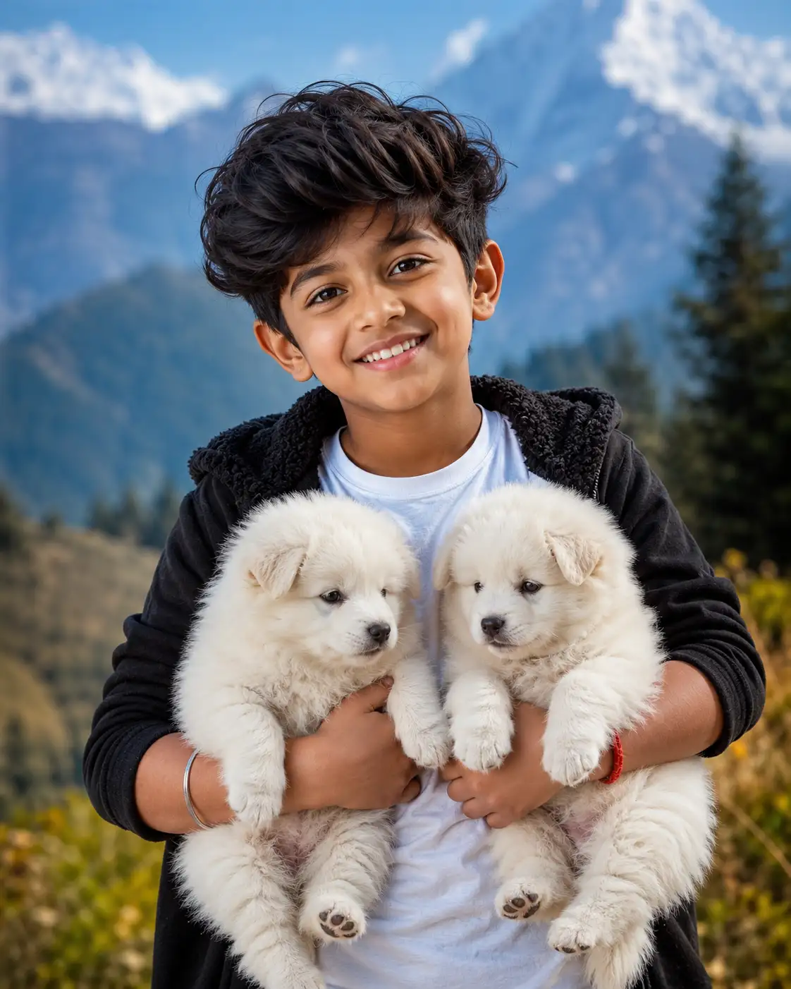 #0145 Cinematic Outdoor Child Portrait with Adorable White Puppies