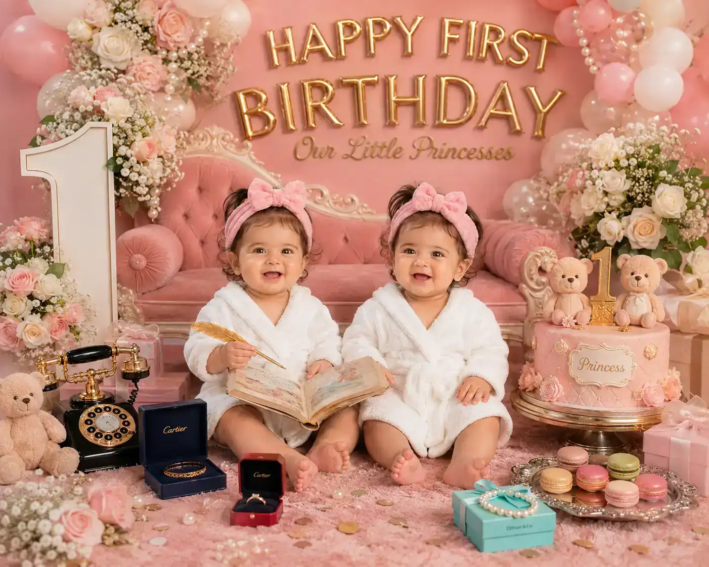 #0149 Twin Baby Girls Happy First Birthday Luxury Photoshoot
