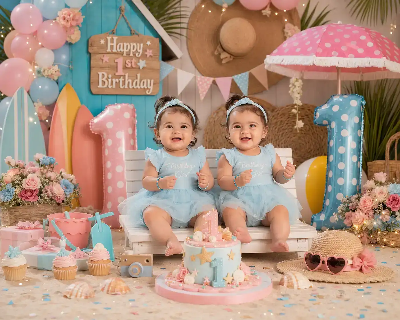 #0148 Happy 1st Birthday Twin Baby Girls