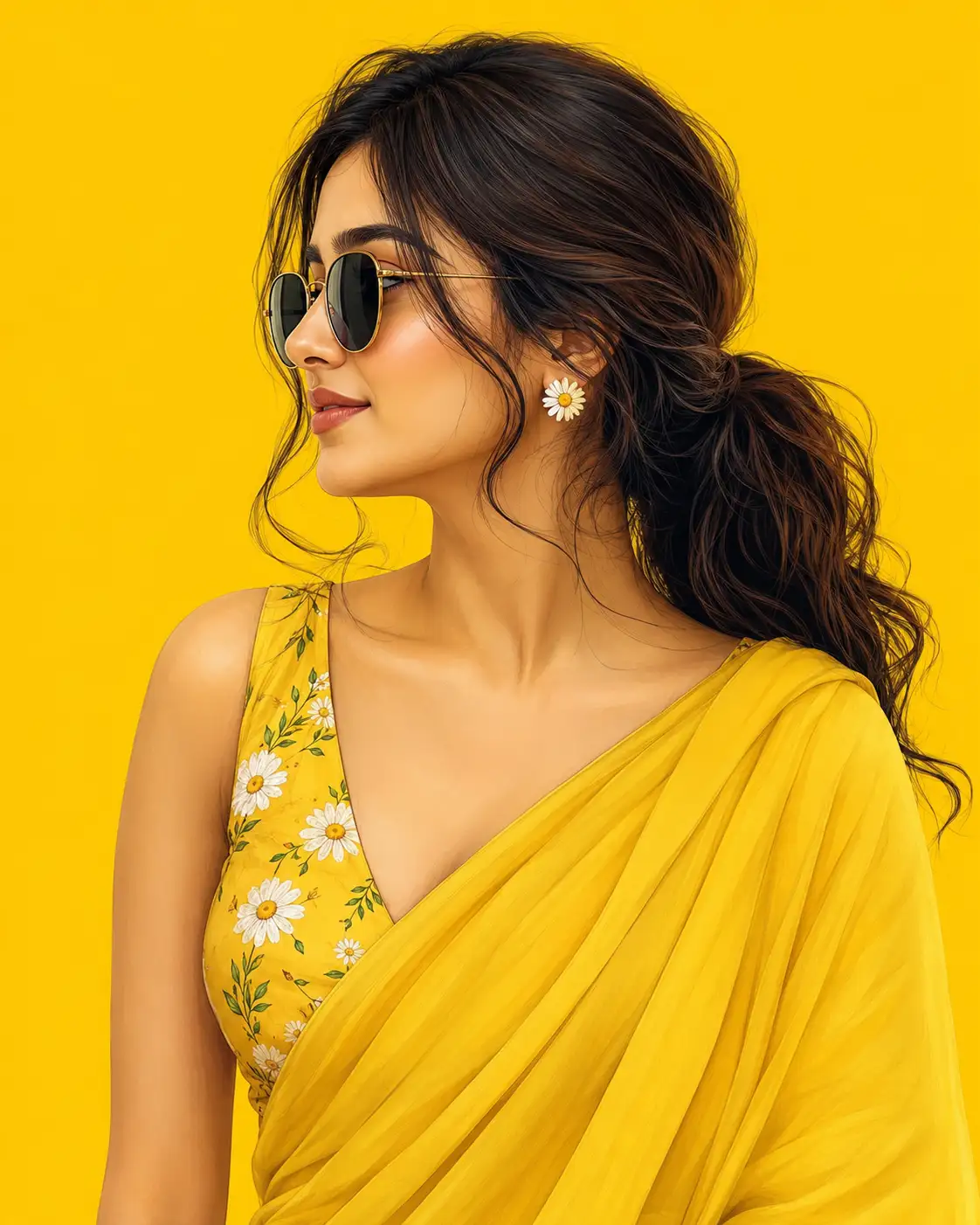 #0159 Floral Yellow Saree Look with Sunglasses