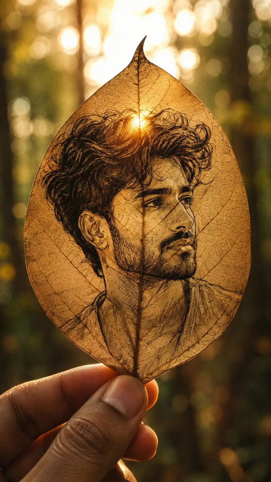 #0162 Hand Drawn Portrait on a Dried Leaf Artwork