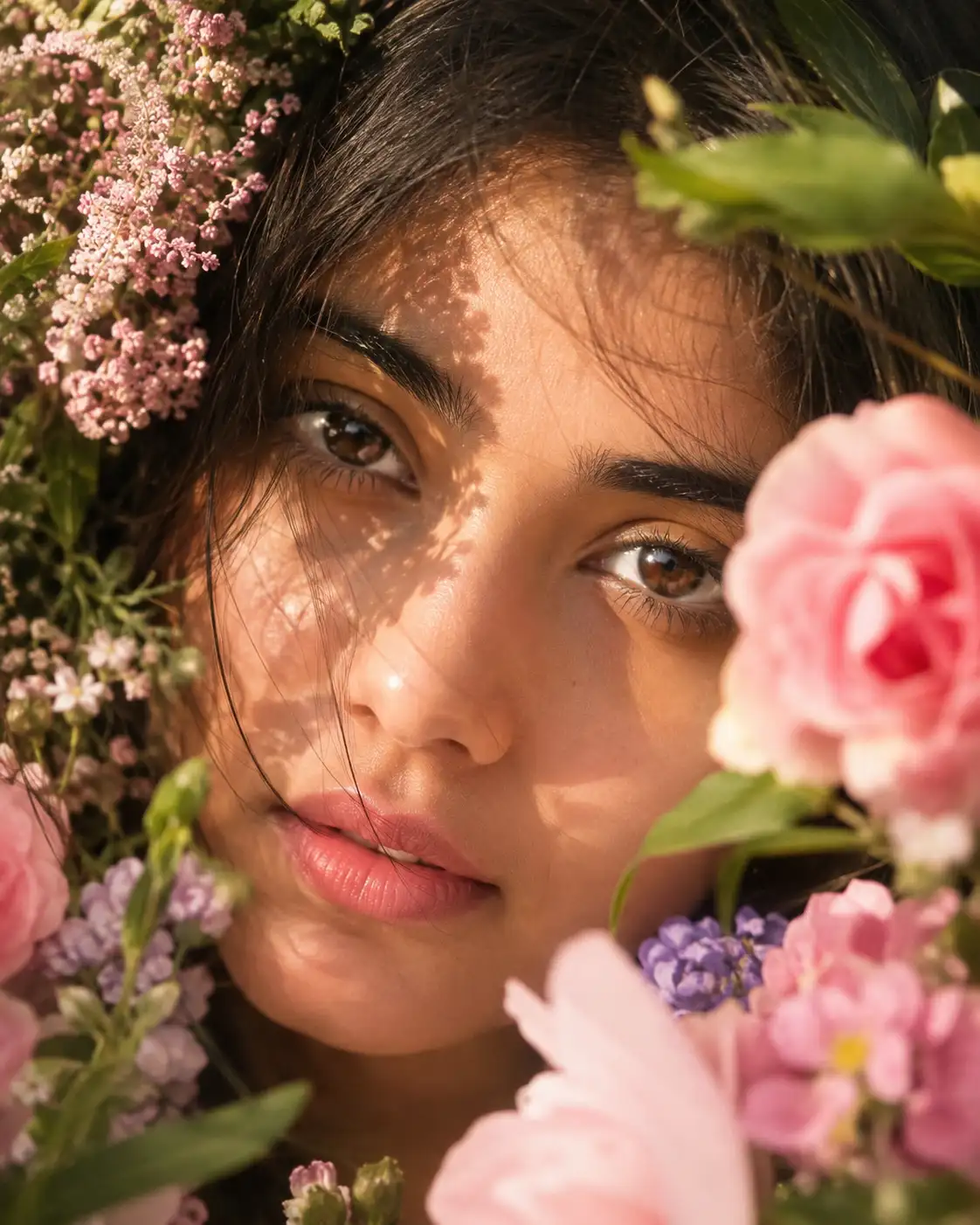 #0165 Cinematic Woman Portrait with Pink Flowers